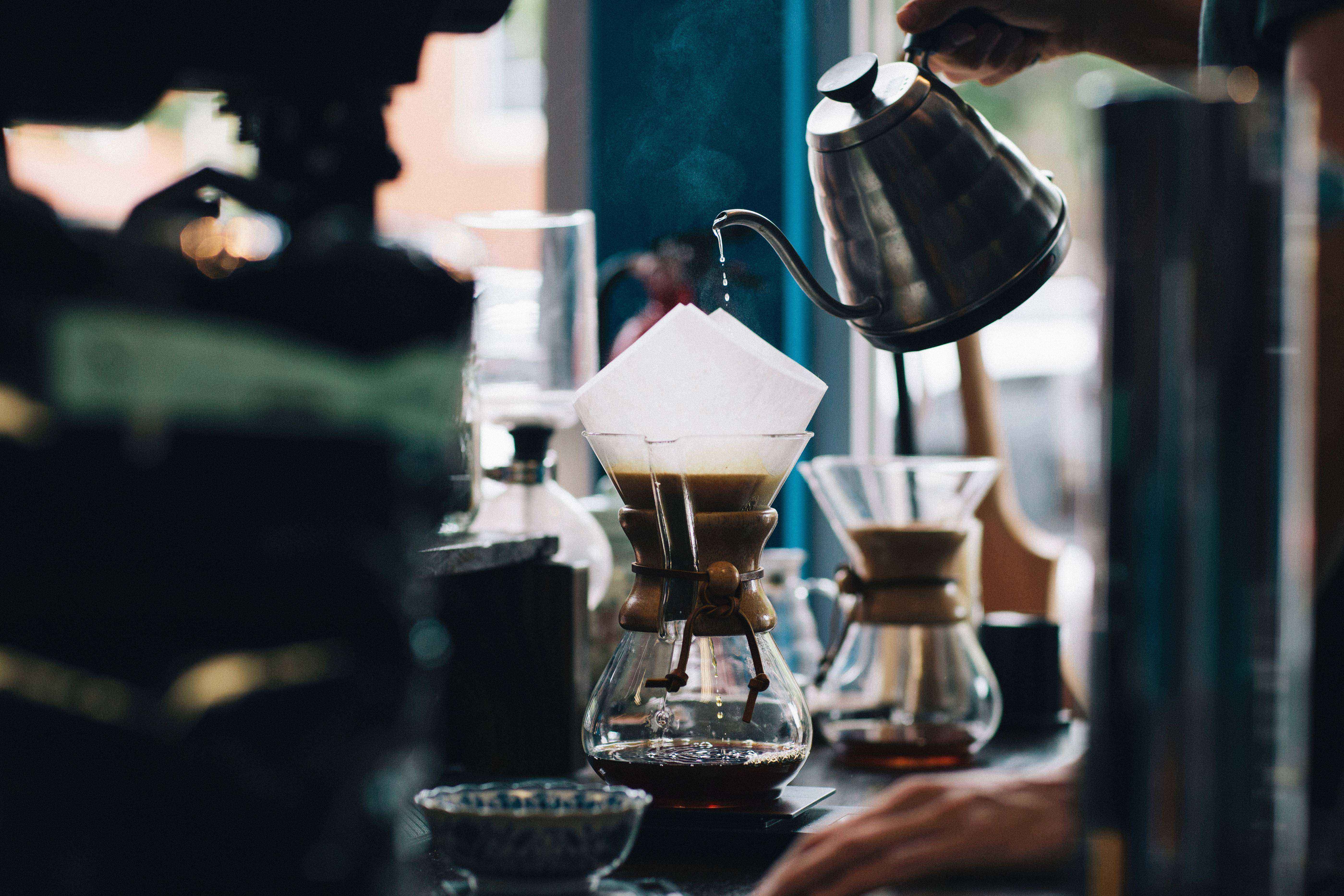 Pouring into a chemex coffee filter